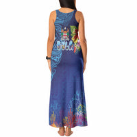Fiji Day Tank Maxi Dress Coral Reef with Tapa Motifs and Hibiscus Ocean Vibe