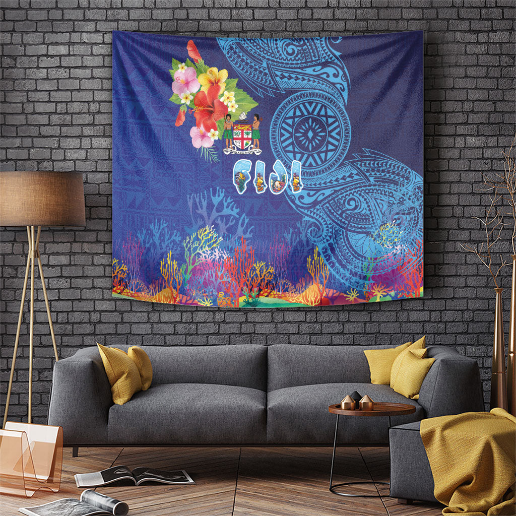 Fiji Day Tapestry Coral Reef with Tapa Motifs and Hibiscus Ocean Vibe