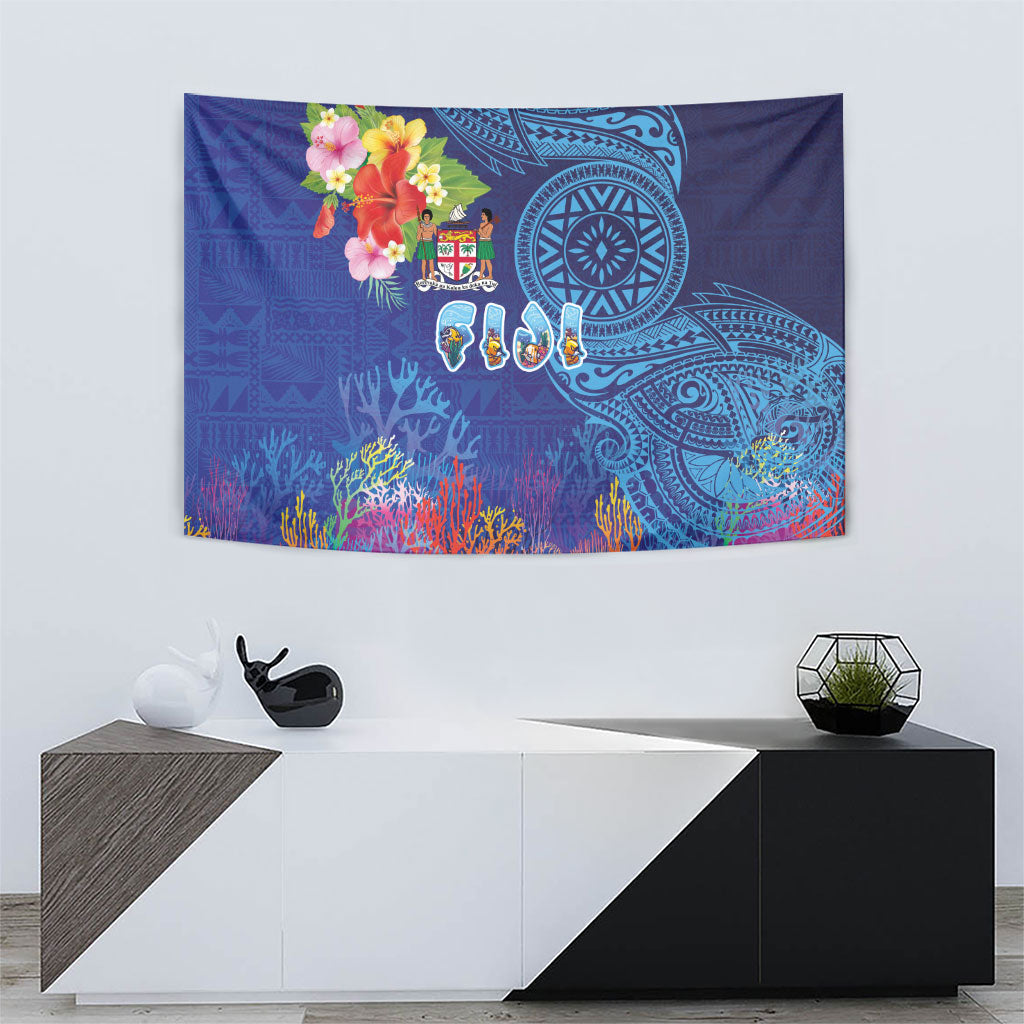 Fiji Day Tapestry Coral Reef with Tapa Motifs and Hibiscus Ocean Vibe
