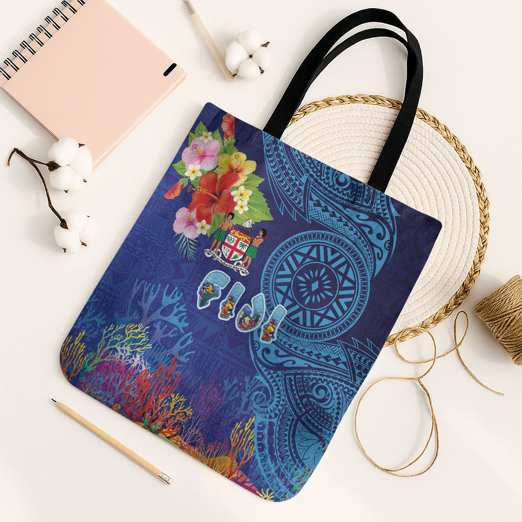 Fiji Day Tote Bag Coral Reef with Tapa Motifs and Hibiscus Ocean Vibe