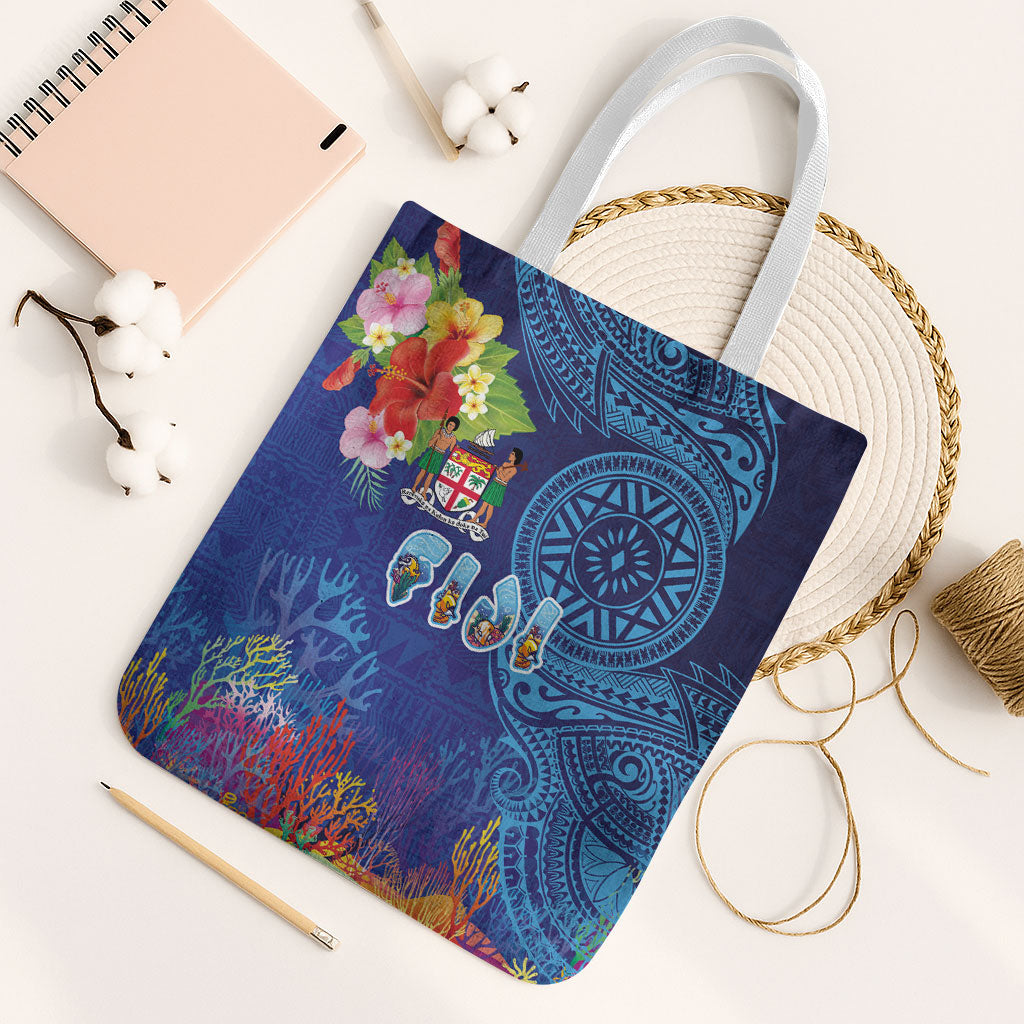Fiji Day Tote Bag Coral Reef with Tapa Motifs and Hibiscus Ocean Vibe