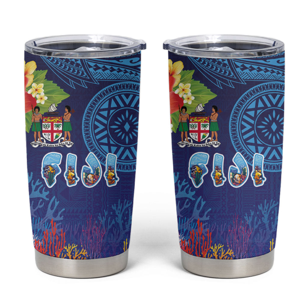 Fiji Day Tumbler Cup Coral Reef with Tapa Motifs and Hibiscus Ocean Vibe