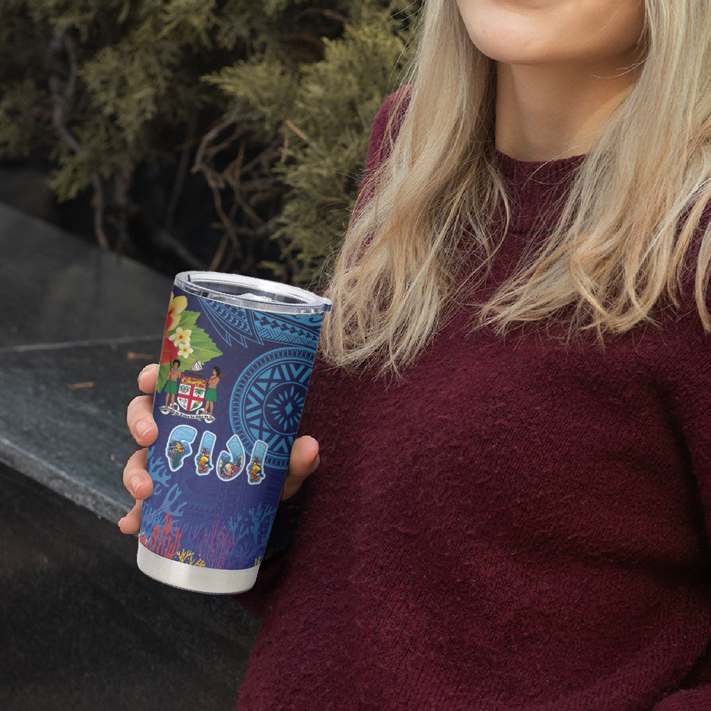 Fiji Day Tumbler Cup Coral Reef with Tapa Motifs and Hibiscus Ocean Vibe