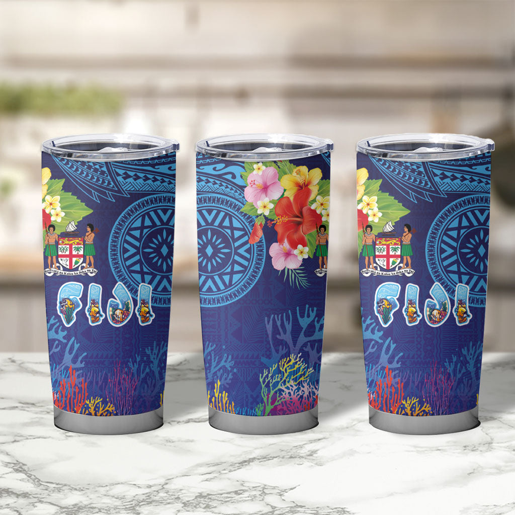 Fiji Day Tumbler Cup Coral Reef with Tapa Motifs and Hibiscus Ocean Vibe