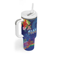 Fiji Day Tumbler With Handle Coral Reef with Tapa Motifs and Hibiscus Ocean Vibe