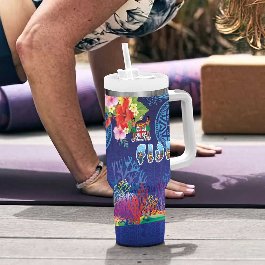 Fiji Day Tumbler With Handle Coral Reef with Tapa Motifs and Hibiscus Ocean Vibe