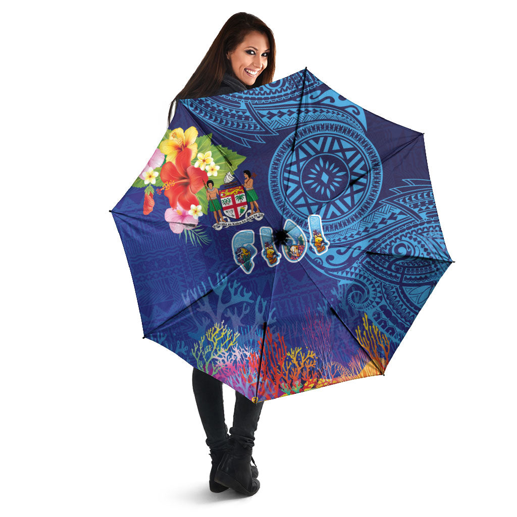 Fiji Day Umbrella Coral Reef with Tapa Motifs and Hibiscus Ocean Vibe
