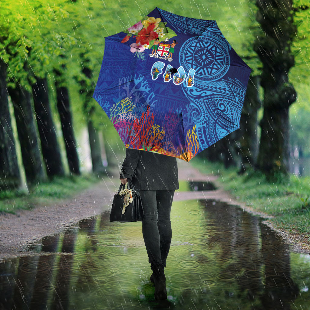 Fiji Day Umbrella Coral Reef with Tapa Motifs and Hibiscus Ocean Vibe