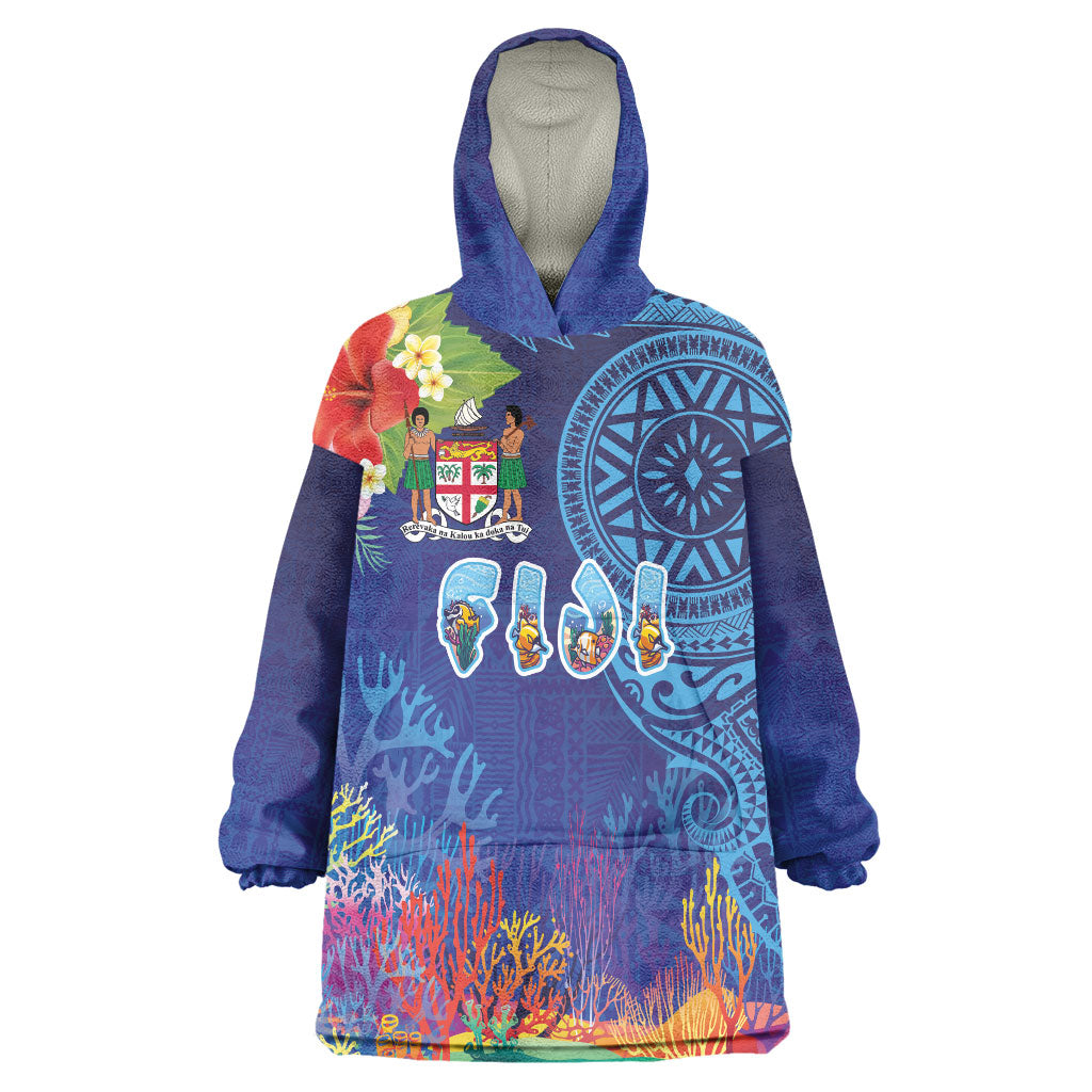 Fiji Day Wearable Blanket Hoodie Coral Reef with Tapa Motifs and Hibiscus Ocean Vibe