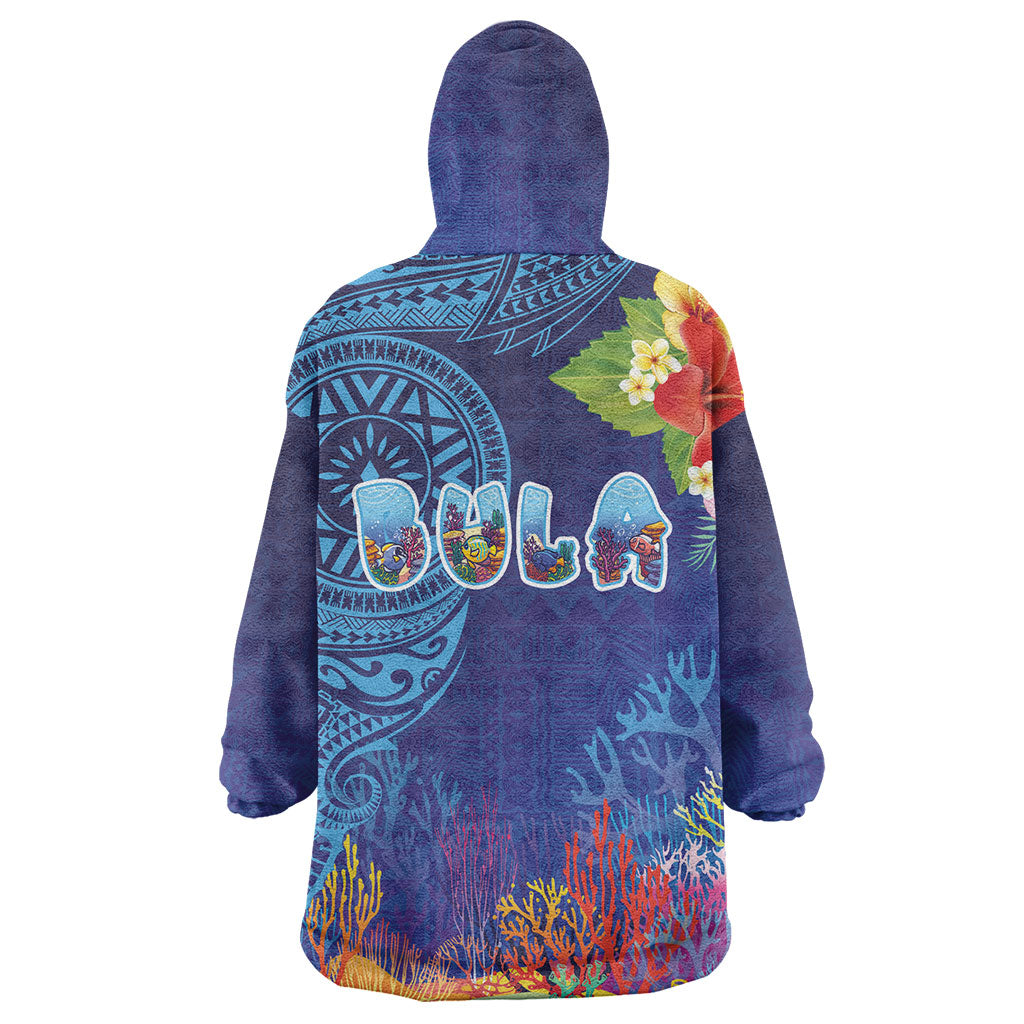 Fiji Day Wearable Blanket Hoodie Coral Reef with Tapa Motifs and Hibiscus Ocean Vibe