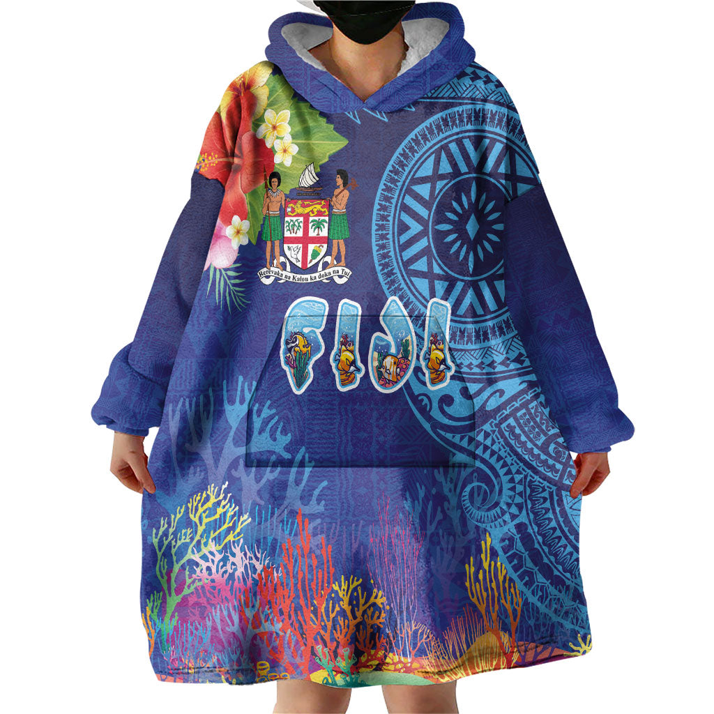 Fiji Day Wearable Blanket Hoodie Coral Reef with Tapa Motifs and Hibiscus Ocean Vibe