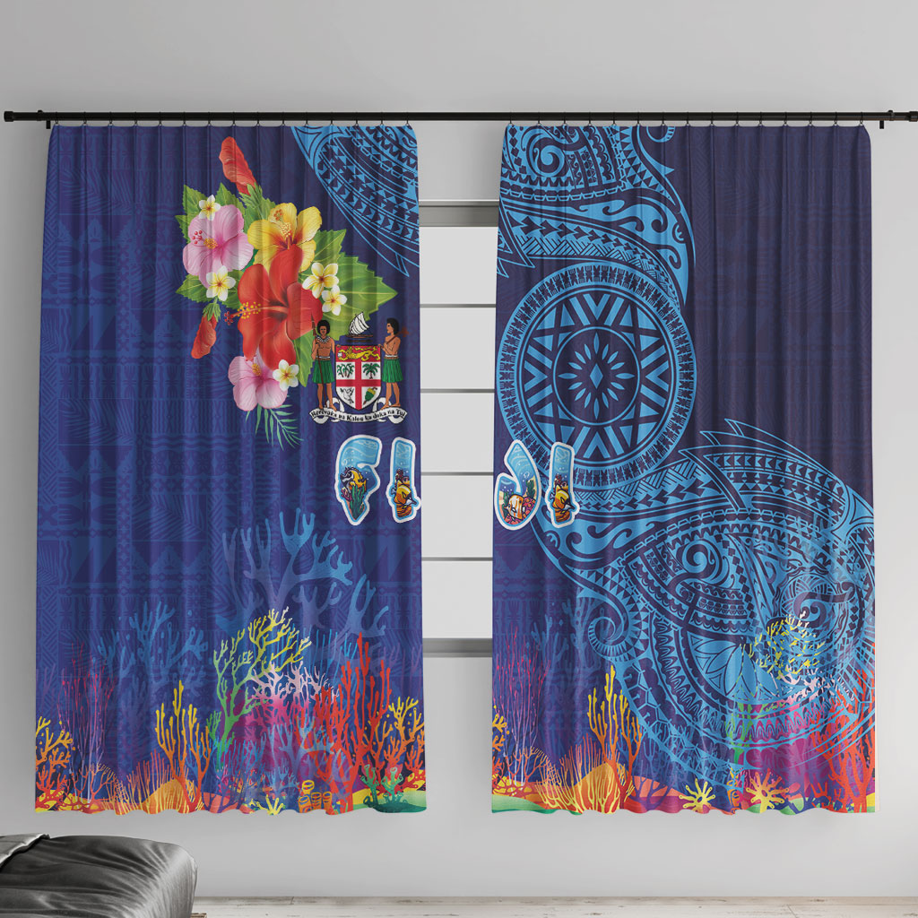 Fiji Day Window Curtain Coral Reef with Tapa Motifs and Hibiscus Ocean Vibe