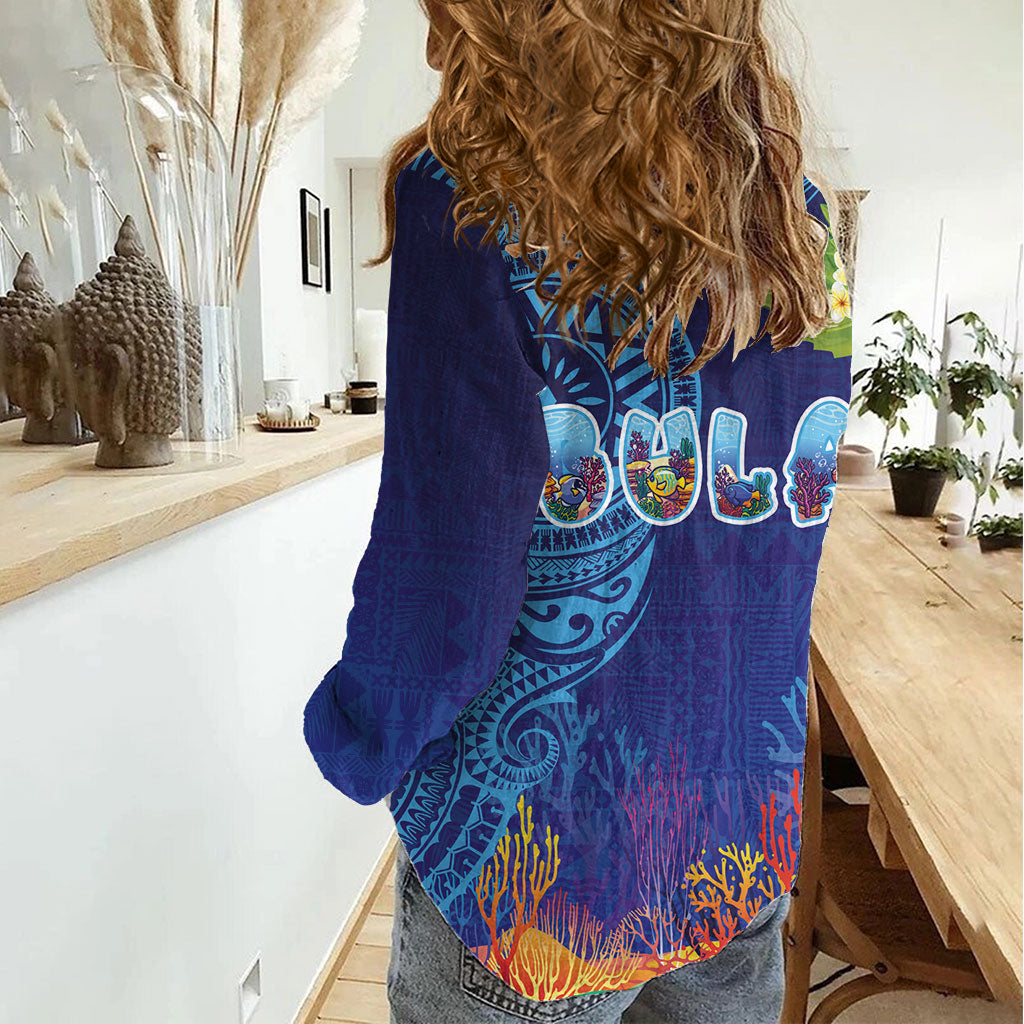 Fiji Day Women Casual Shirt Coral Reef with Tapa Motifs and Hibiscus Ocean Vibe
