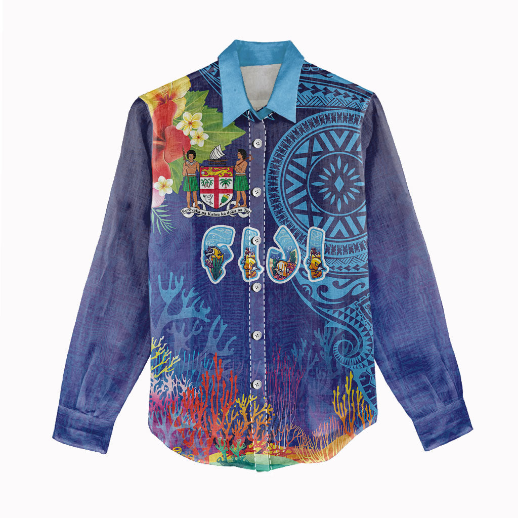 Fiji Day Women Casual Shirt Coral Reef with Tapa Motifs and Hibiscus Ocean Vibe