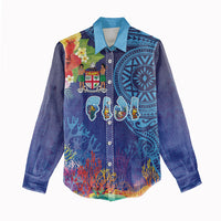 Fiji Day Women Casual Shirt Coral Reef with Tapa Motifs and Hibiscus Ocean Vibe