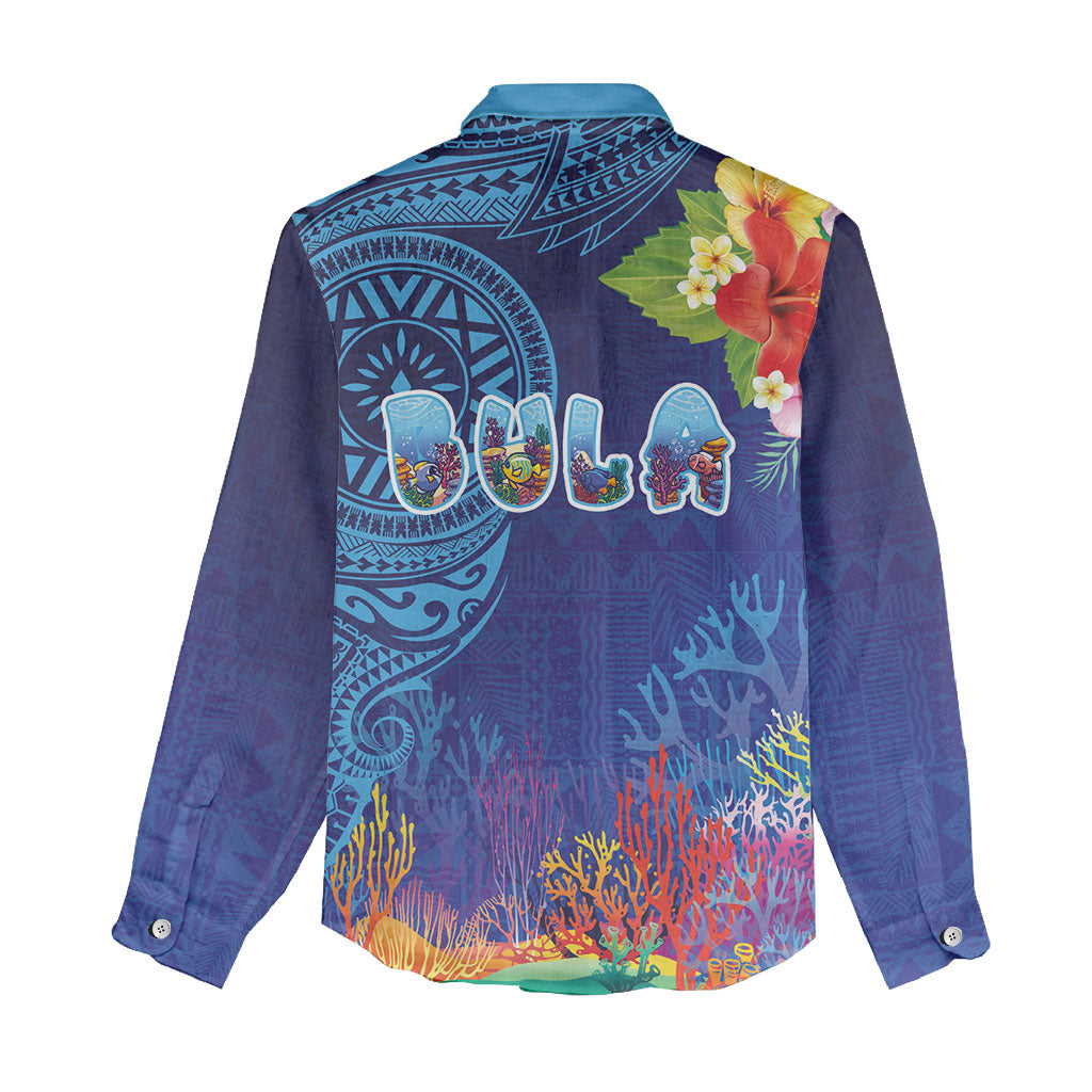 Fiji Day Women Casual Shirt Coral Reef with Tapa Motifs and Hibiscus Ocean Vibe