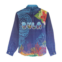 Fiji Day Women Casual Shirt Coral Reef with Tapa Motifs and Hibiscus Ocean Vibe