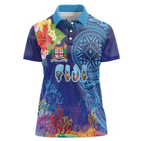 Fiji Day Women Polo Shirt Coral Reef with Tapa Motifs and Hibiscus Ocean Vibe