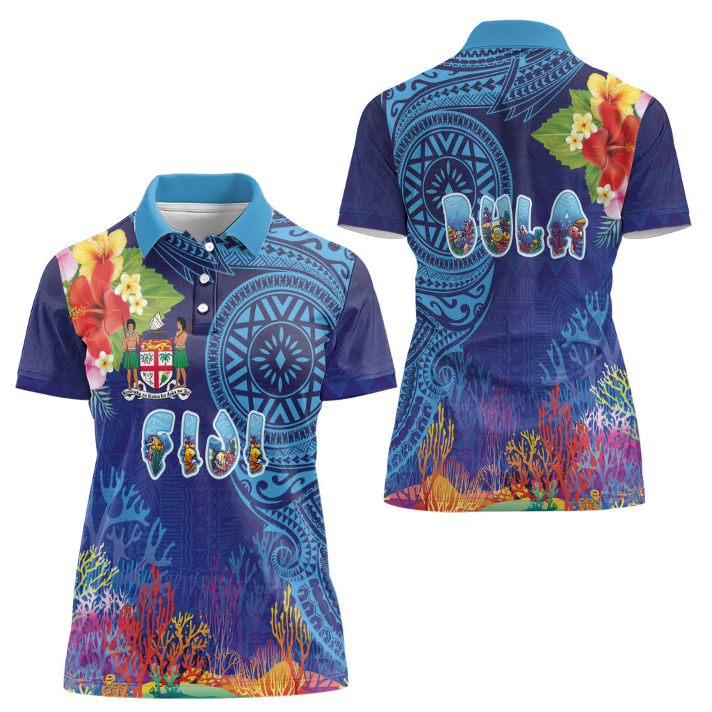 Fiji Day Women Polo Shirt Coral Reef with Tapa Motifs and Hibiscus Ocean Vibe