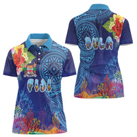 Fiji Day Women Polo Shirt Coral Reef with Tapa Motifs and Hibiscus Ocean Vibe