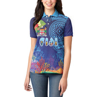 Fiji Day Women Polo Shirt Coral Reef with Tapa Motifs and Hibiscus Ocean Vibe