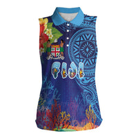 Fiji Day Women Sleeveless Polo Shirt Coral Reef with Tapa Motifs and Hibiscus Ocean Vibe