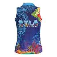 Fiji Day Women Sleeveless Polo Shirt Coral Reef with Tapa Motifs and Hibiscus Ocean Vibe