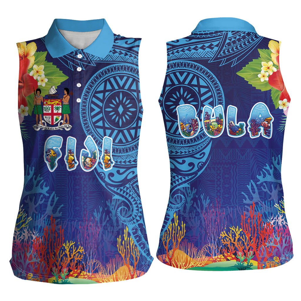 Fiji Day Women Sleeveless Polo Shirt Coral Reef with Tapa Motifs and Hibiscus Ocean Vibe