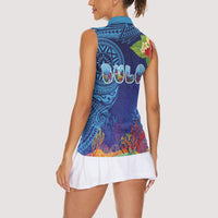 Fiji Day Women Sleeveless Polo Shirt Coral Reef with Tapa Motifs and Hibiscus Ocean Vibe