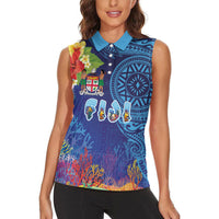 Fiji Day Women Sleeveless Polo Shirt Coral Reef with Tapa Motifs and Hibiscus Ocean Vibe