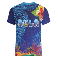 Fiji Day Women V-Neck T-Shirt Coral Reef with Tapa Motifs and Hibiscus Ocean Vibe