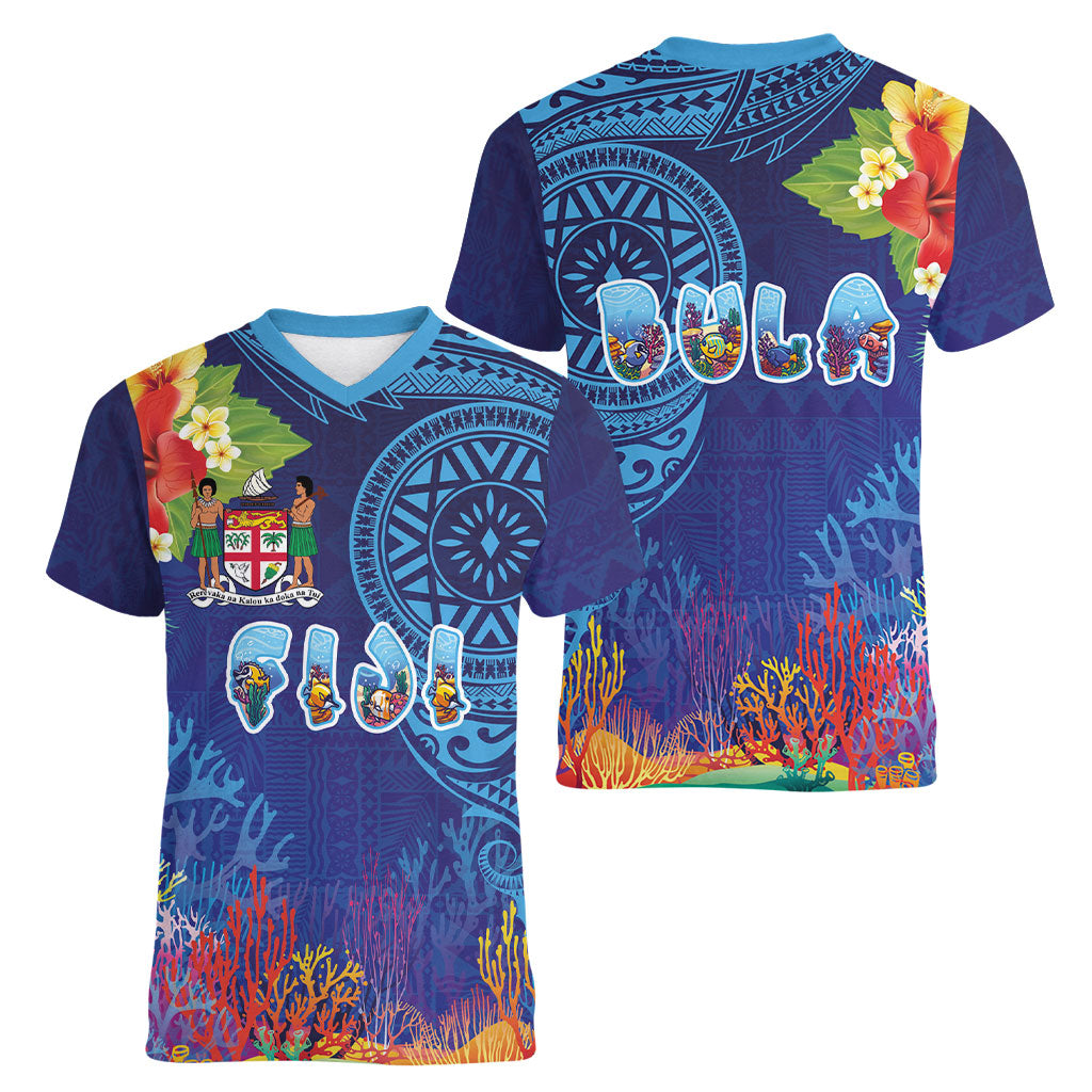 Fiji Day Women V-Neck T-Shirt Coral Reef with Tapa Motifs and Hibiscus Ocean Vibe