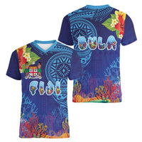 Fiji Day Women V-Neck T-Shirt Coral Reef with Tapa Motifs and Hibiscus Ocean Vibe