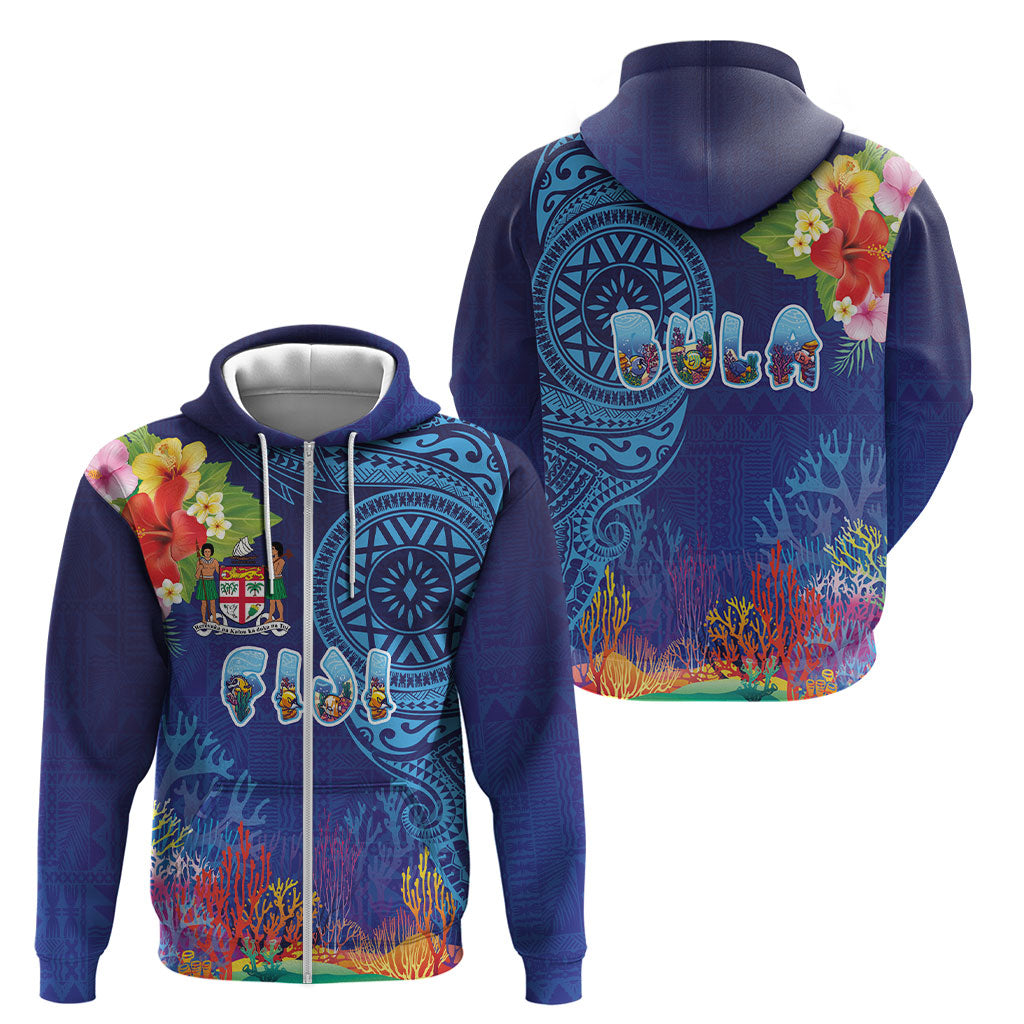 Fiji Day Zip Hoodie Coral Reef with Tapa Motifs and Hibiscus Ocean Vibe