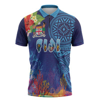 Fiji Day Zipper Polo Shirt Coral Reef with Tapa Motifs and Hibiscus Ocean Vibe