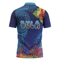 Fiji Day Zipper Polo Shirt Coral Reef with Tapa Motifs and Hibiscus Ocean Vibe