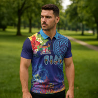 Fiji Day Zipper Polo Shirt Coral Reef with Tapa Motifs and Hibiscus Ocean Vibe