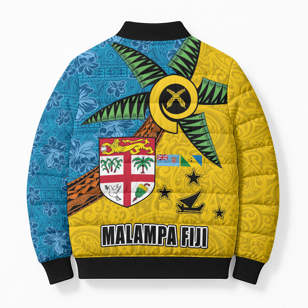 Malampa Fiji Day Bomber Puffer Jacket Tapa and Melanesian Patterns with Coat of Arms