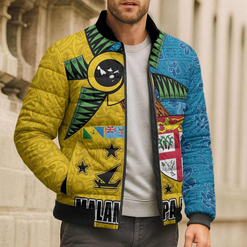 Malampa Fiji Day Bomber Puffer Jacket Tapa and Melanesian Patterns with Coat of Arms