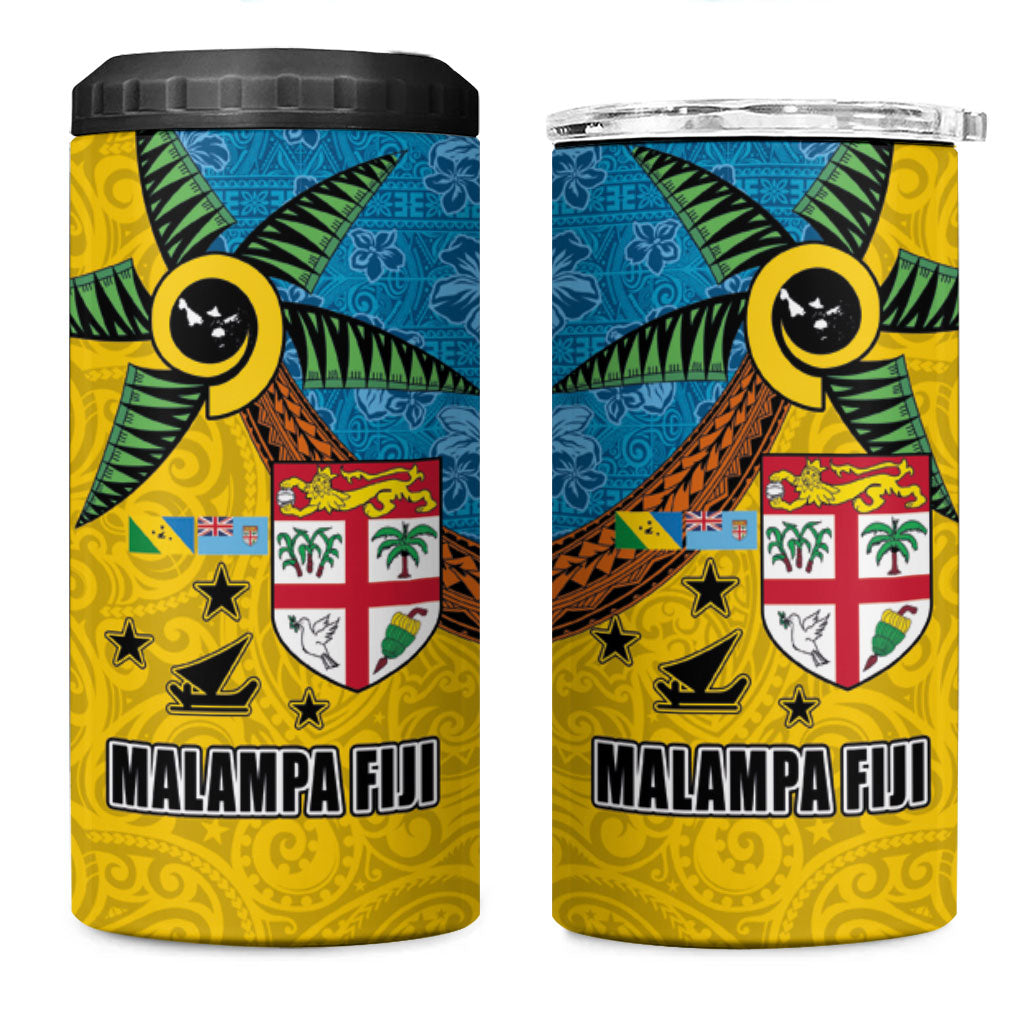 Malampa Fiji Day 4 in 1 Can Cooler Tumbler Tapa and Melanesian Patterns with Coat of Arms
