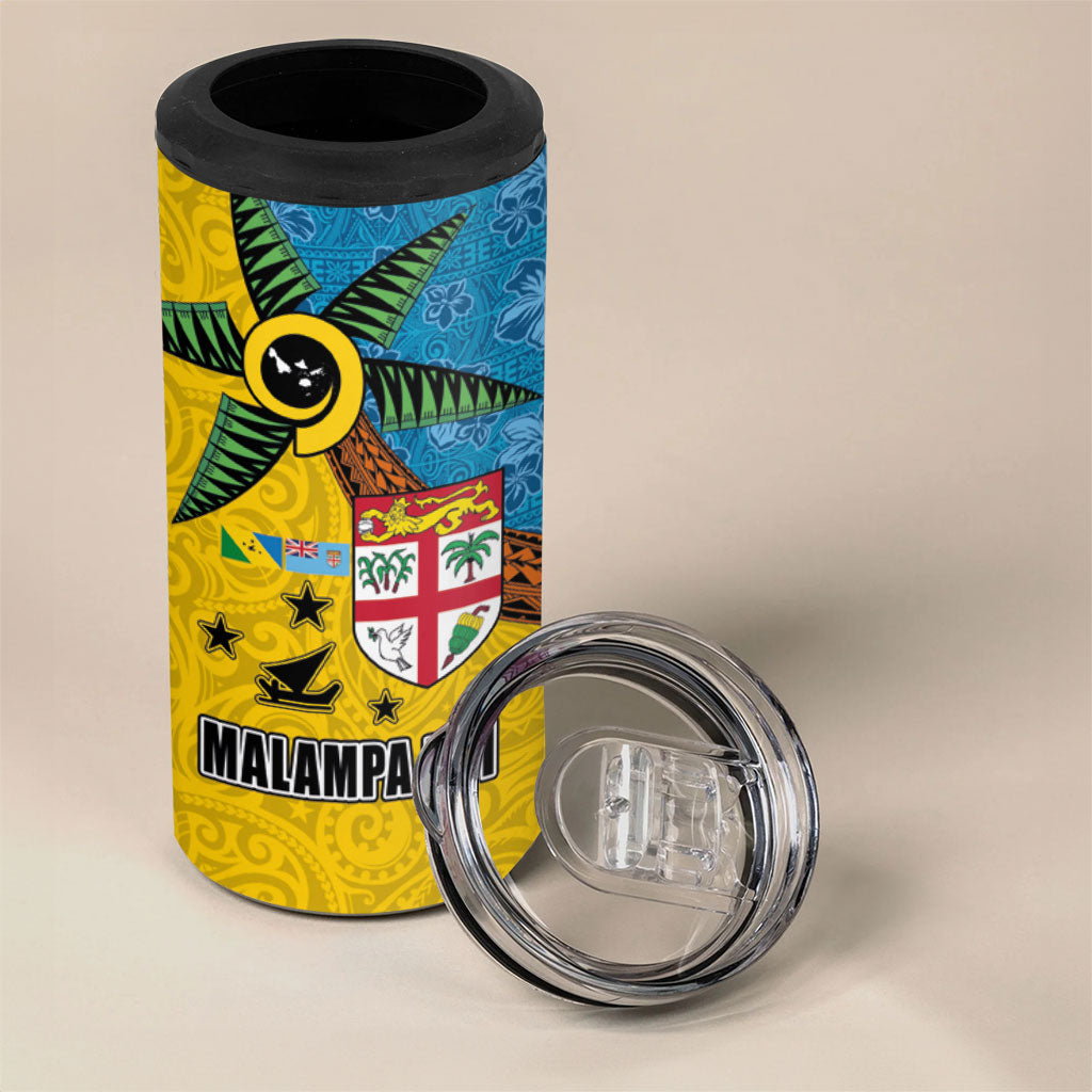 Malampa Fiji Day 4 in 1 Can Cooler Tumbler Tapa and Melanesian Patterns with Coat of Arms