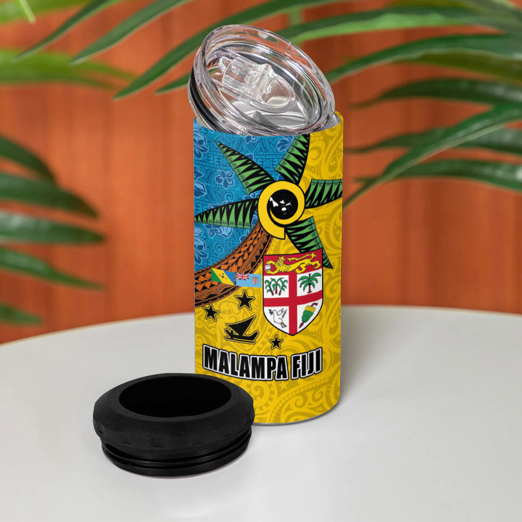 Malampa Fiji Day 4 in 1 Can Cooler Tumbler Tapa and Melanesian Patterns with Coat of Arms