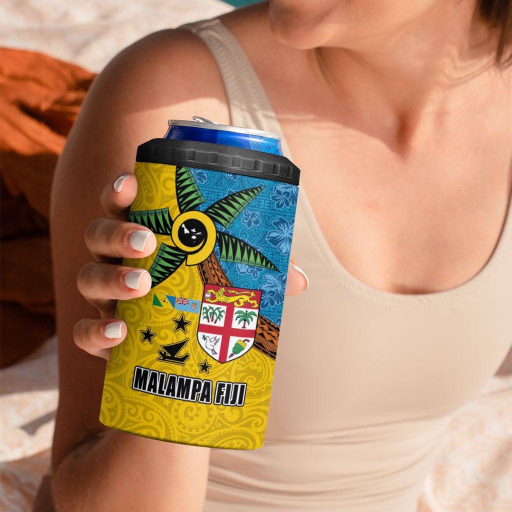Malampa Fiji Day 4 in 1 Can Cooler Tumbler Tapa and Melanesian Patterns with Coat of Arms