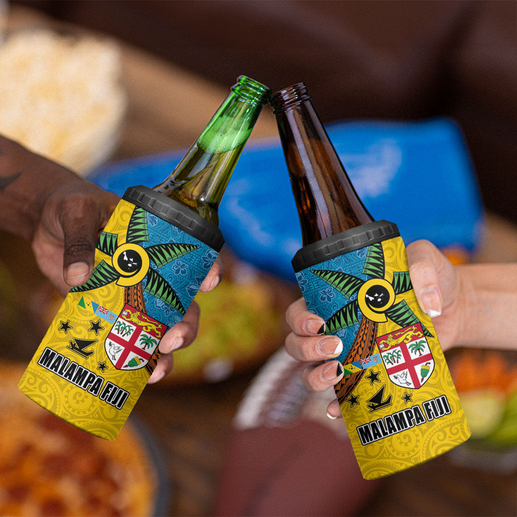 Malampa Fiji Day 4 in 1 Can Cooler Tumbler Tapa and Melanesian Patterns with Coat of Arms