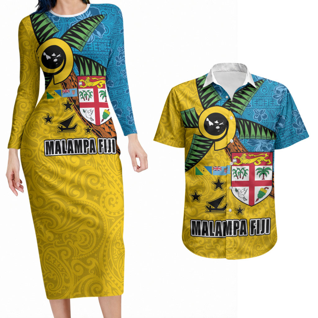 Malampa Fiji Day Couples Matching Long Sleeve Bodycon Dress and Hawaiian Shirt Tapa and Melanesian Patterns with Coat of Arms