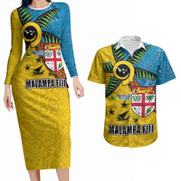 Malampa Fiji Day Couples Matching Long Sleeve Bodycon Dress and Hawaiian Shirt Tapa and Melanesian Patterns with Coat of Arms