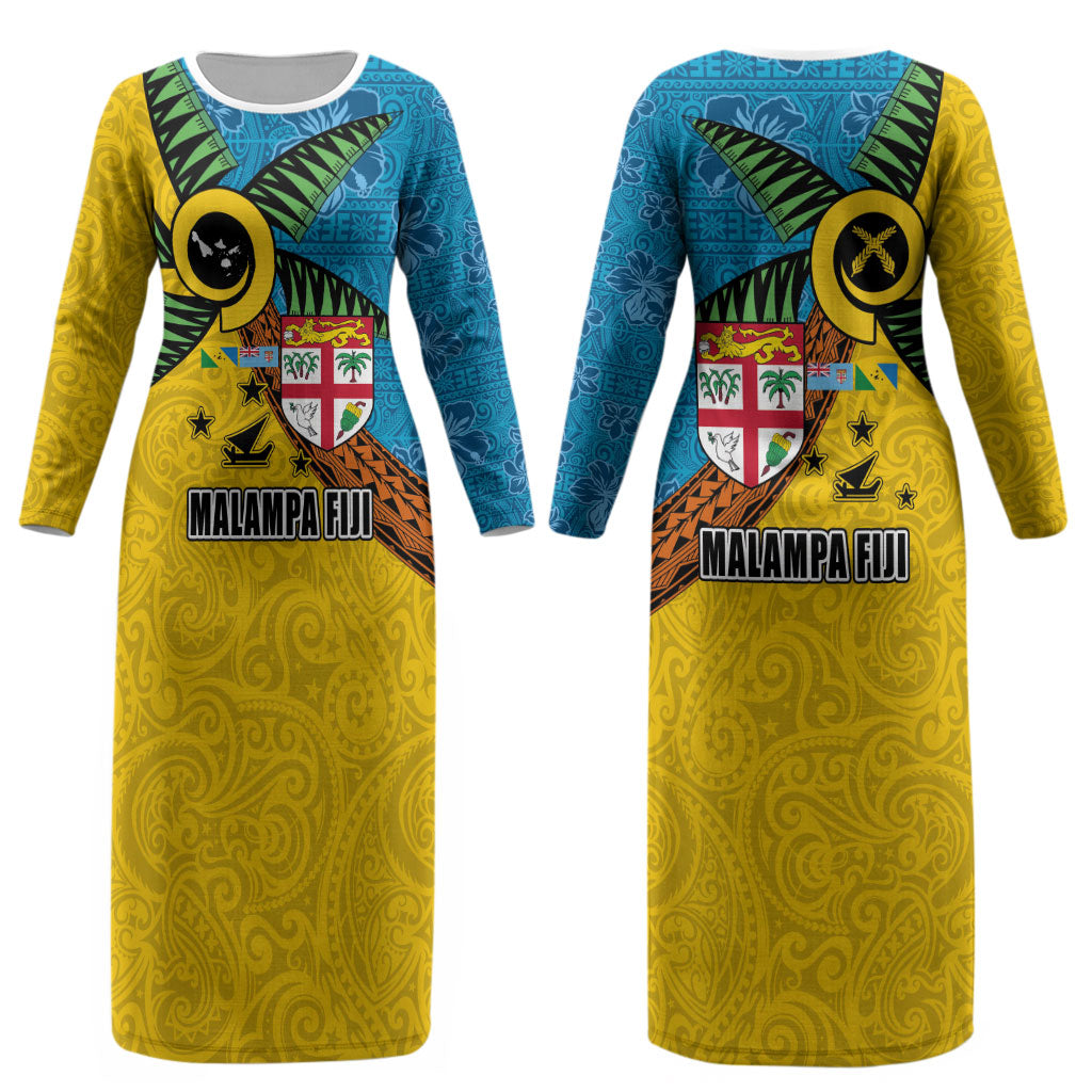 Malampa Fiji Day Couples Matching Long Sleeve Bodycon Dress and Hawaiian Shirt Tapa and Melanesian Patterns with Coat of Arms