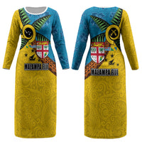 Malampa Fiji Day Couples Matching Long Sleeve Bodycon Dress and Hawaiian Shirt Tapa and Melanesian Patterns with Coat of Arms