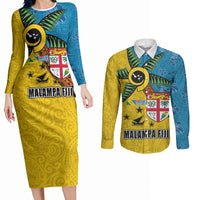 Malampa Fiji Day Couples Matching Long Sleeve Bodycon Dress and Long Sleeve Button Shirt Tapa and Melanesian Patterns with Coat of Arms