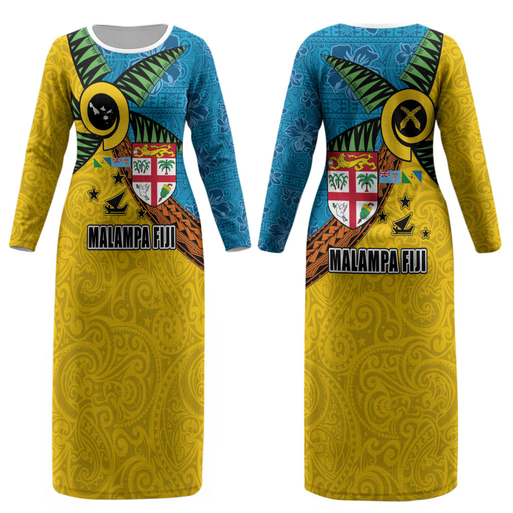 Malampa Fiji Day Couples Matching Long Sleeve Bodycon Dress and Long Sleeve Button Shirt Tapa and Melanesian Patterns with Coat of Arms
